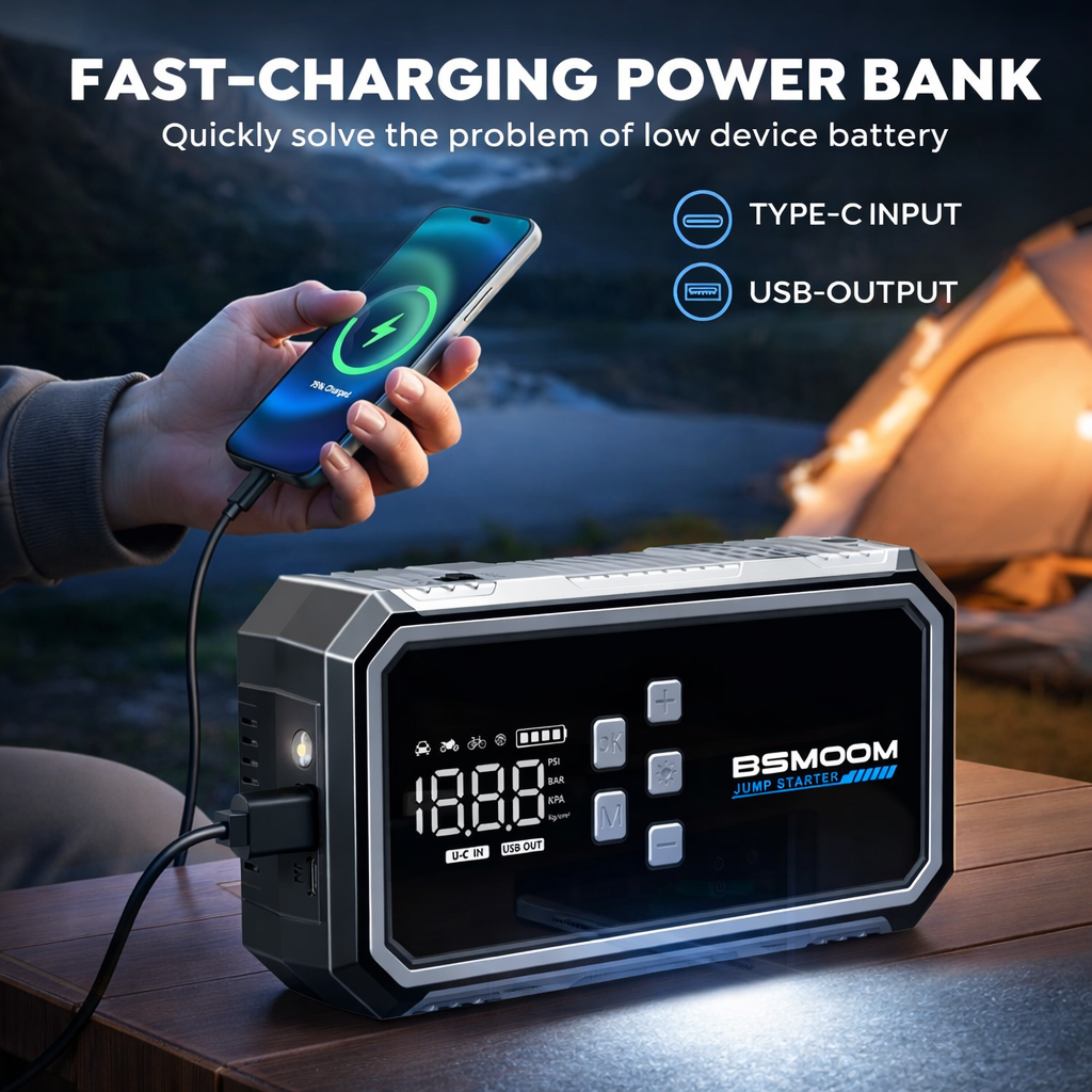 5-in-1 Jump Starter with Air Compressor (160 PSI) – Portable Emergency Power Pack