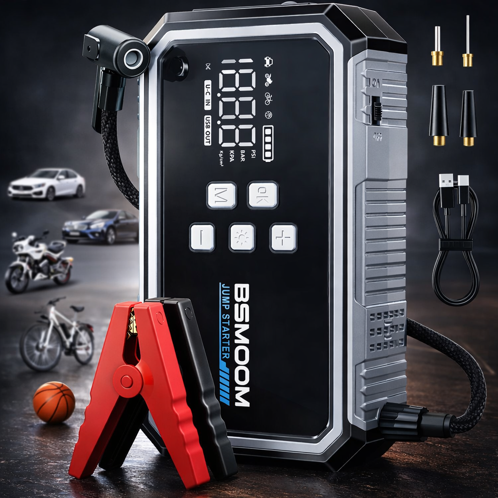 5-in-1 Jump Starter with Air Compressor (160 PSI) – Portable Emergency Power Pack